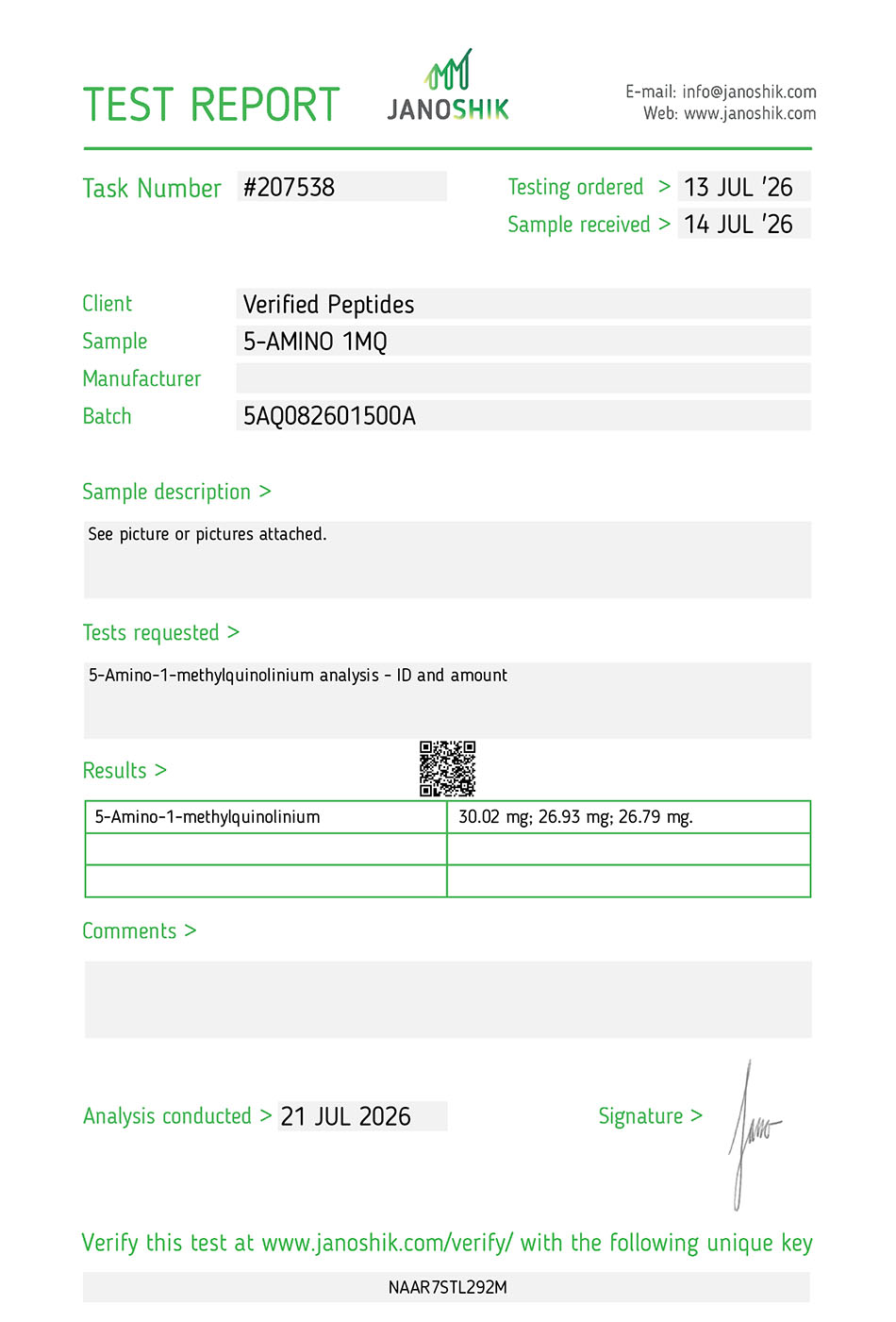 5-Amino 1MQ Peptide Capsules Certificate of Analysis Lab Report Test July 2026