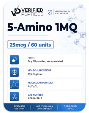 An information sheet for our 5-Amino 1MQ peptide capsules product.