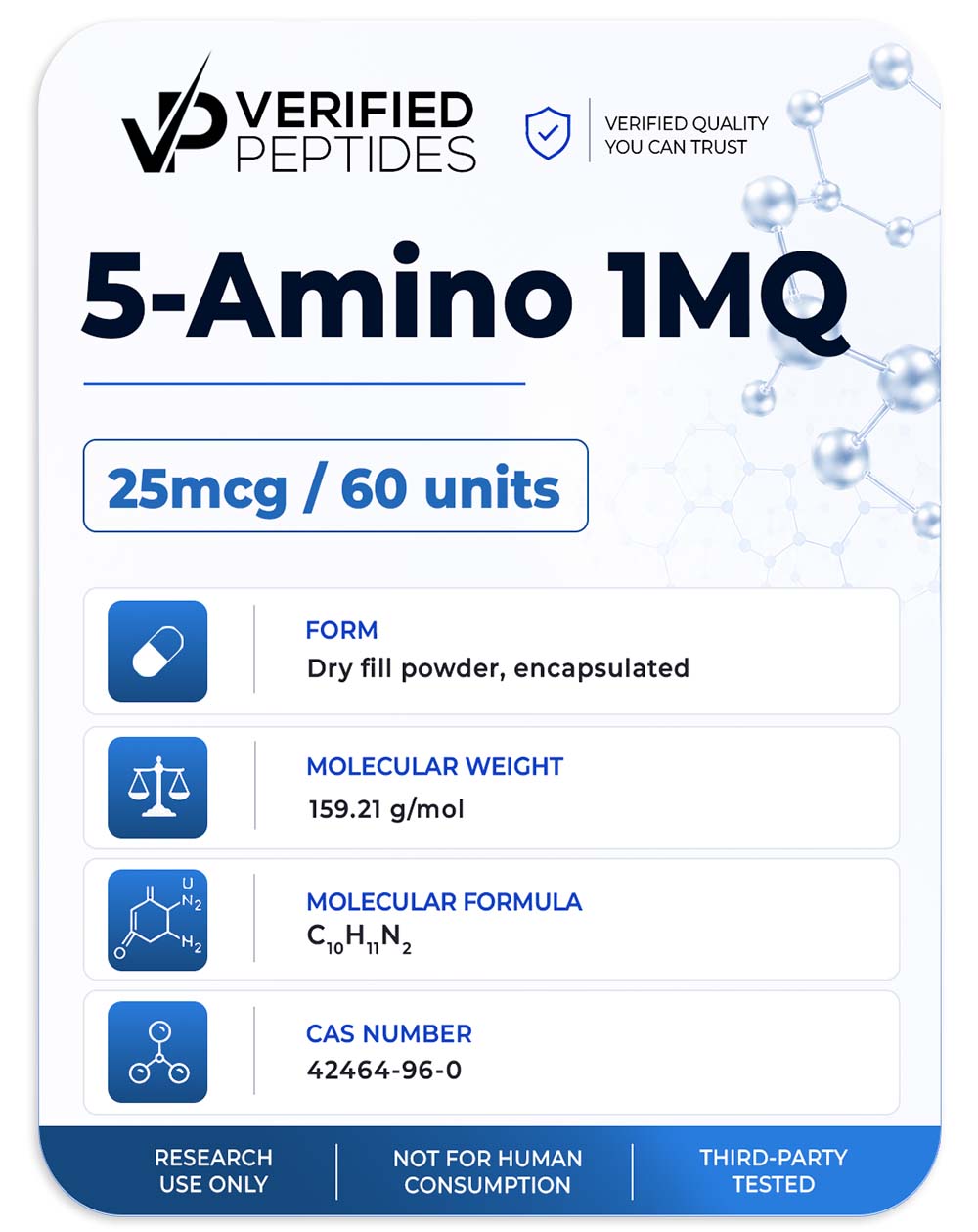 An information sheet for our 5-Amino 1MQ peptide capsules product.