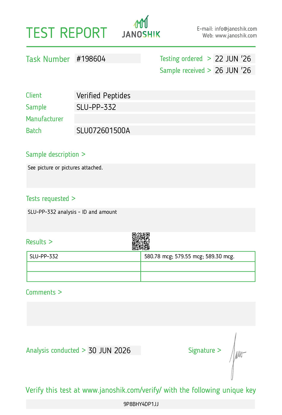 SLU-PP-332 Certificate of Analysis Lab Report Test July 2026