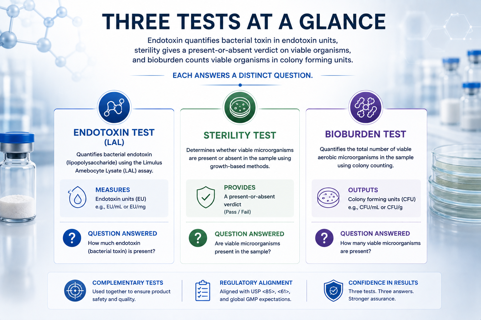 Comparison of endotoxin, sterility, and bioburden tests by what each measures and how results are reported.