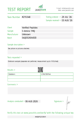 5Amino 1MQ Peptide Endotoxin Certificate of Analysis Lab Test Report August 2026