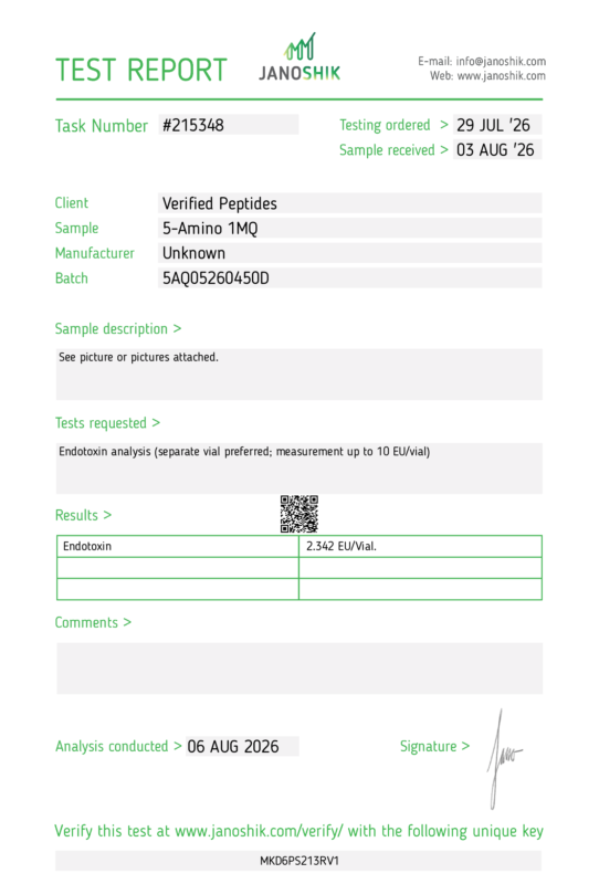 5Amino 1MQ Peptide Endotoxin Certificate of Analysis Lab Test Report August 2026