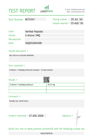 5Amino 1MQ Peptide Purity Certificate of Analysis Lab Test Report August 2026