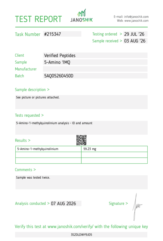 5Amino 1MQ Peptide Purity Certificate of Analysis Lab Test Report August 2026