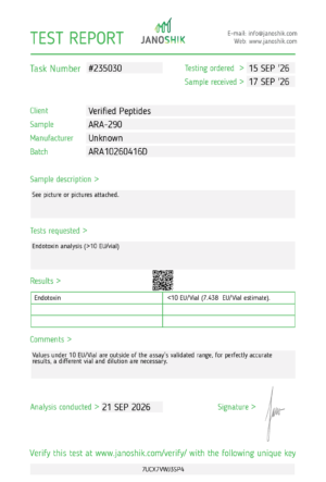 ARA-290 Peptide Endotoxin Certificate of Analysis Lab Test Report September 2026