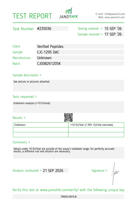 CJC-1295 DAC Peptide Endotoxin Certificate of Analysis Lab Test Report September 2026