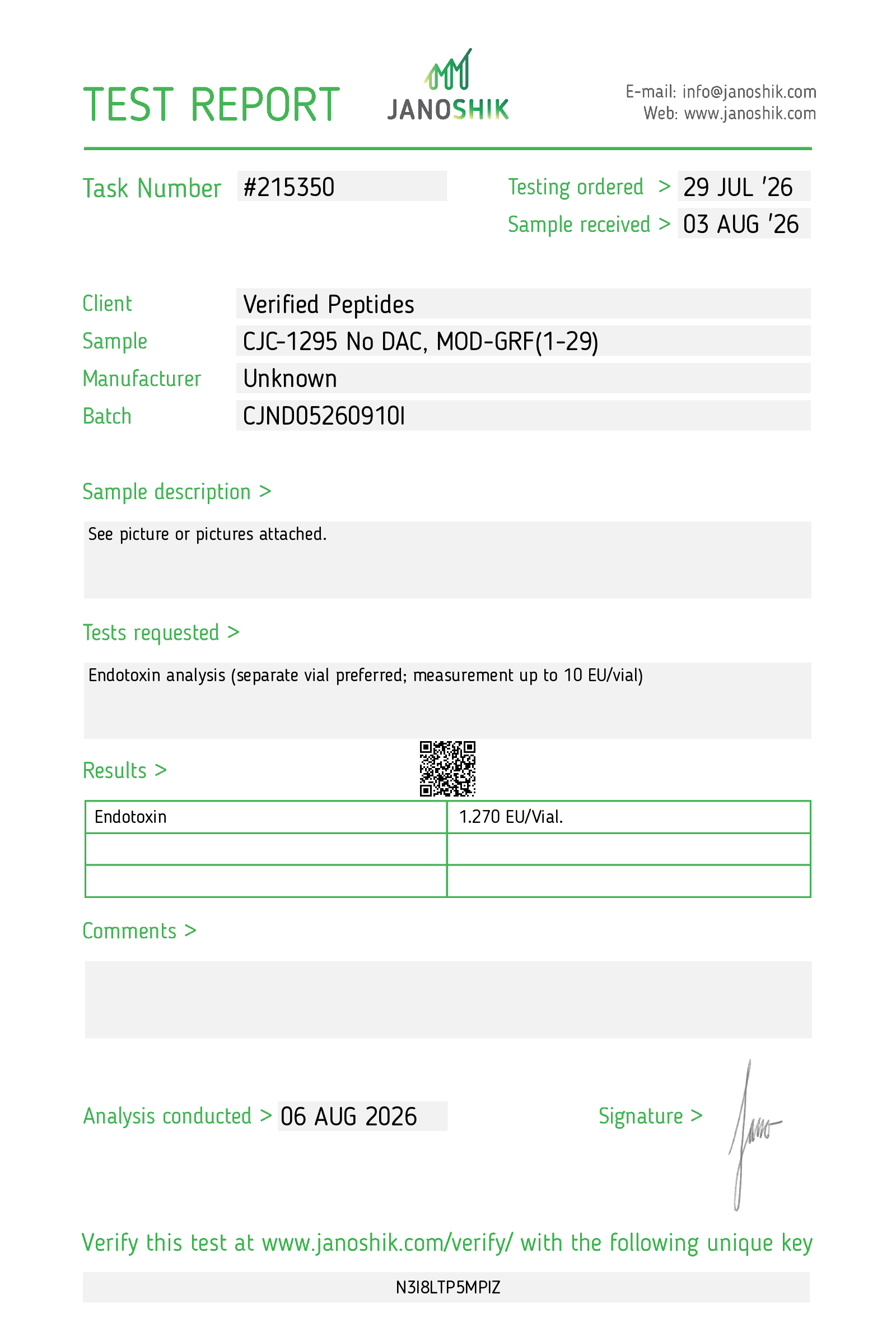 CJC1295 No DAC Peptide Endotoxin Certificate of Analysis Lab Test Report August 2026