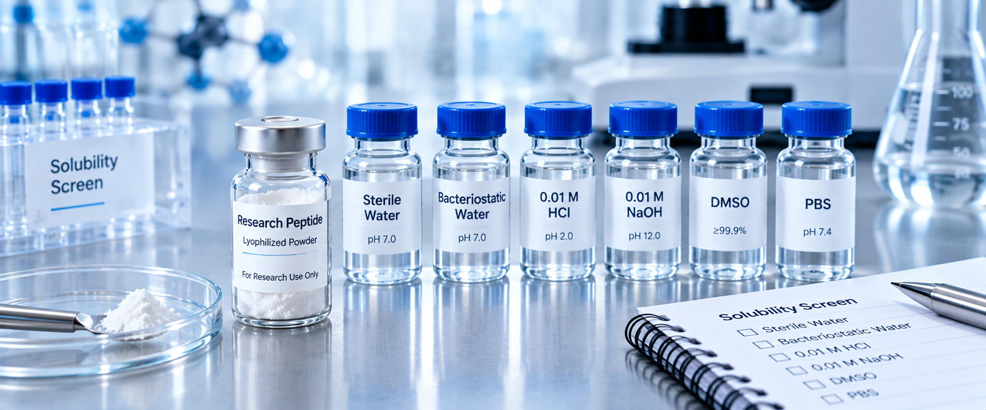 A lyophilized research peptide beside labeled solvent vials for a solubility screen.