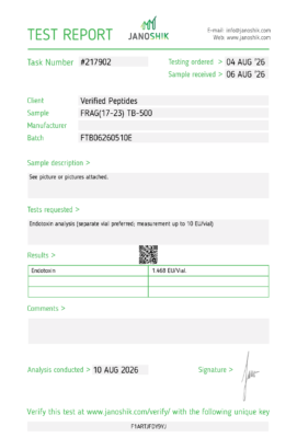 Frag(17-23) TB500 Peptide Endotoxin Certificate of Analysis Lab Test Report August 2026