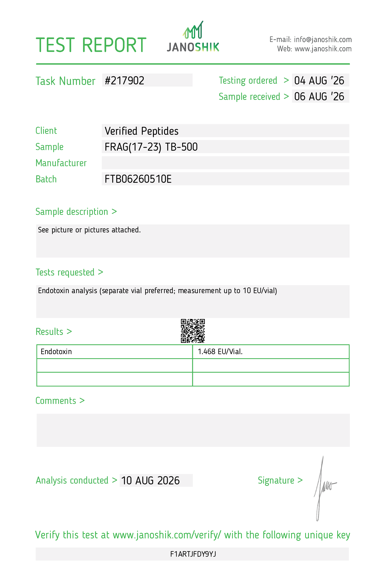 Frag(17-23) TB500 Peptide Endotoxin Certificate of Analysis Lab Test Report August 2026