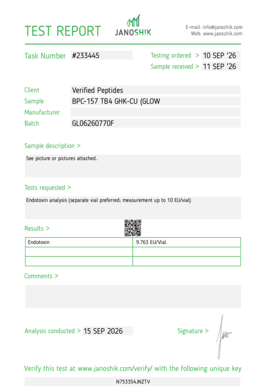 GLOW Peptide Endotoxin Certificate of Analysis Lab Test Report September 2026