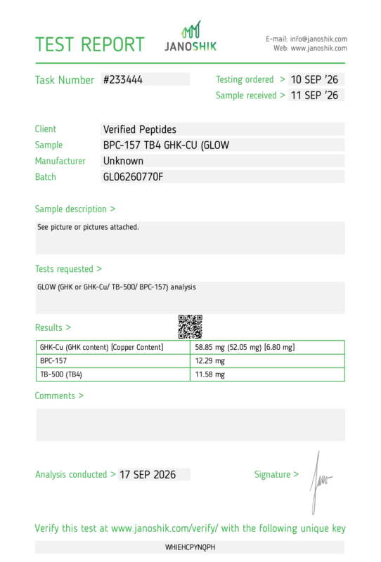 GLOW Peptide Purity Certificate of Analysis Lab Test Report September 2026