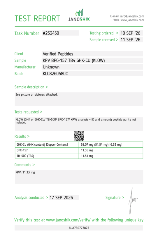 KLOW Peptide Purity Certificate of Analysis Lab Test Report September 2026
