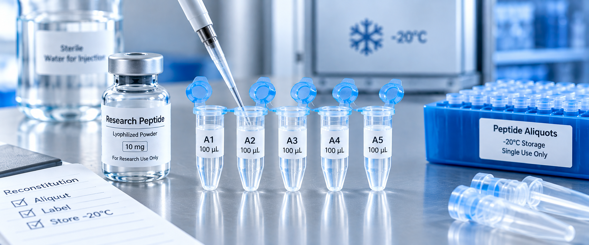Reconstituted peptide divided into labeled single-use aliquots before freezer storage.
