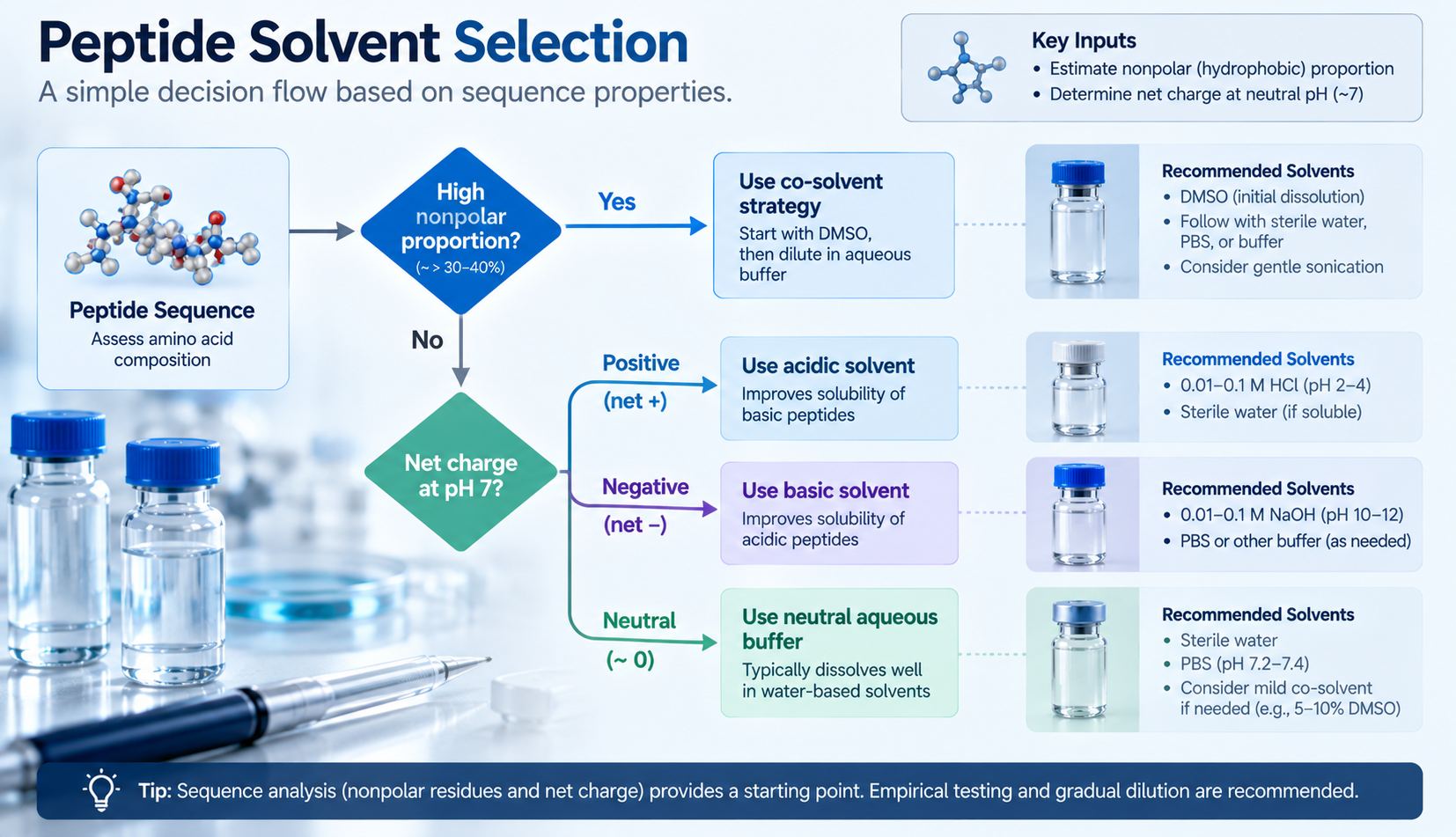 Solvent selection decision flow branching on nonpolar proportion and then net charge.