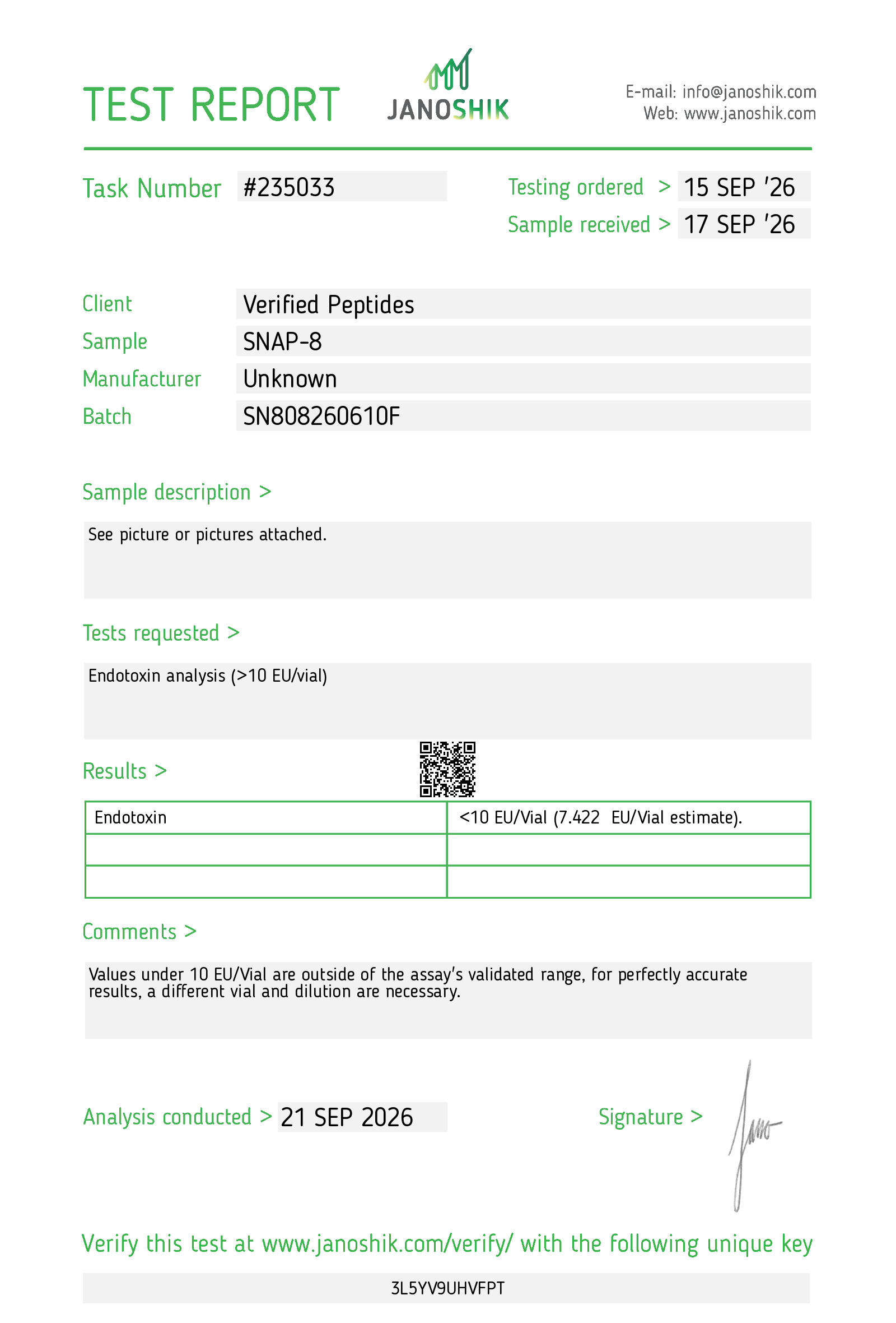 SNAP-8 Peptide Endotoxin Certificate of Analysis Lab Test Report September 2026