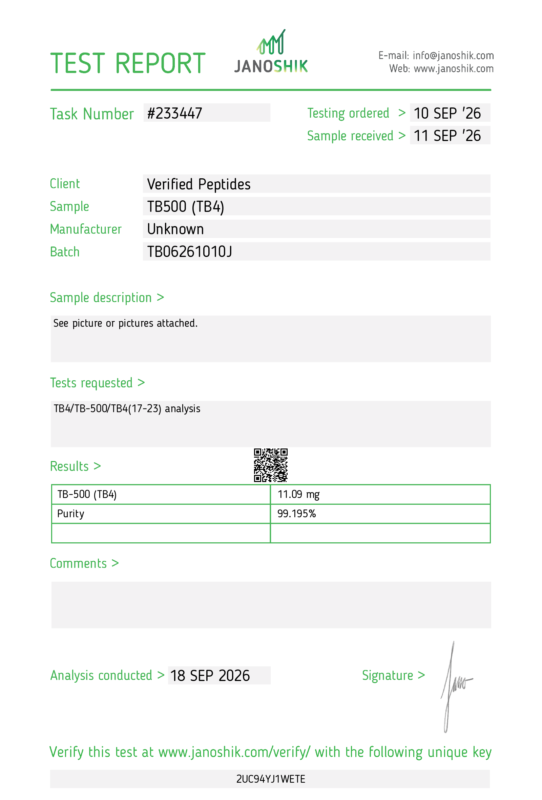 TB-500 Peptide Purity Certificate of Analysis Lab Test Report September 2026