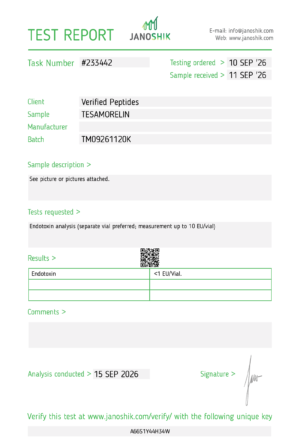 Tesamorelin Peptide Endotoxin Certificate of Analysis Lab Test Report September 2026