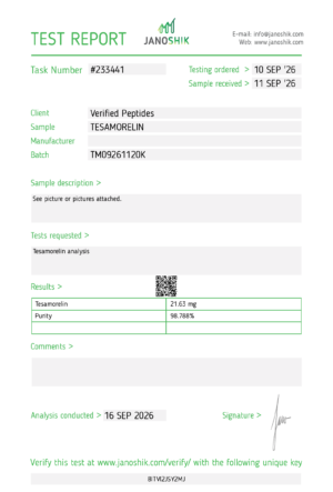 Tesamorelin Peptide Purity Certificate of Analysis Lab Test Report September 2026