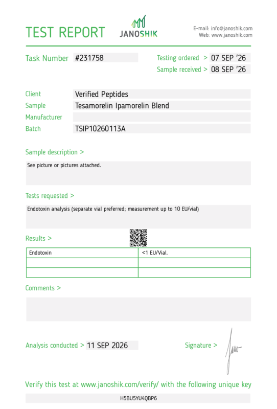 Tesamoreln Ipamorelin Blend Peptide Endotoxin Certificate of Analysis Lab Test Report September 2026