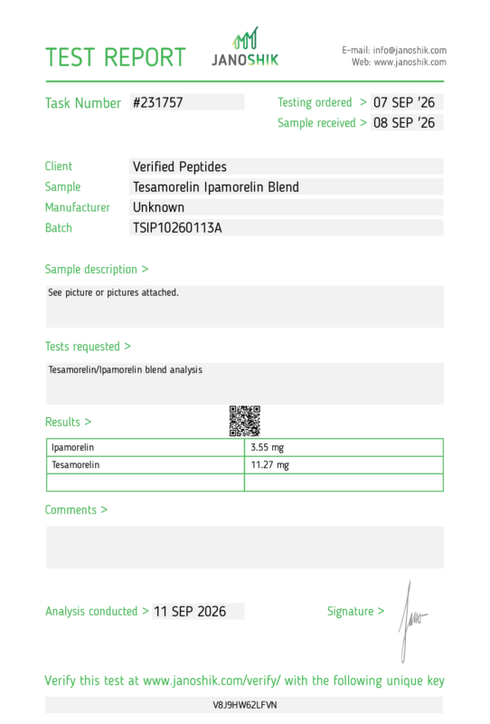 Tesamoreln Ipamorelin Blend Peptide Purity Certificate of Analysis Lab Test Report September 2026