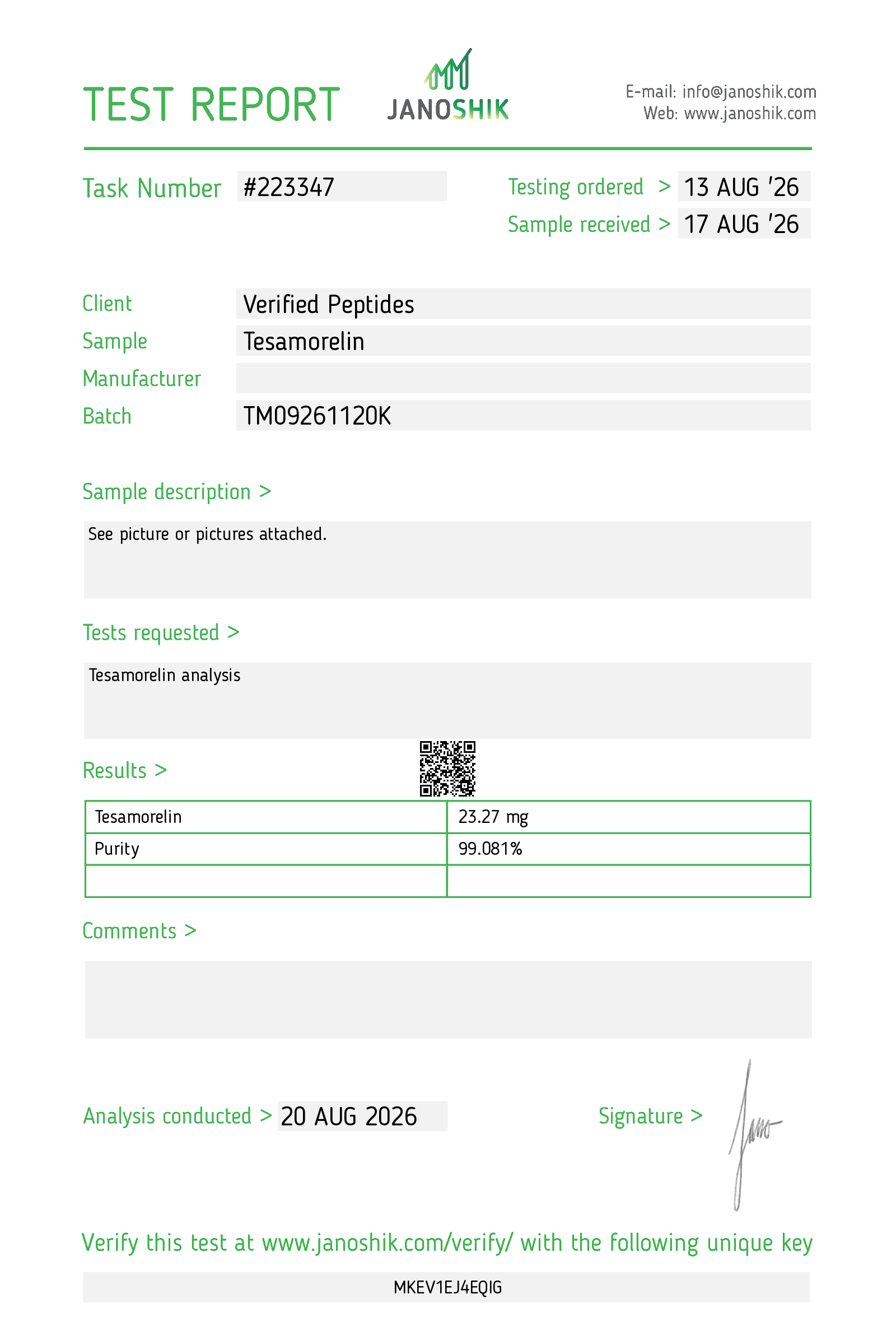 Tesamoreln Peptide Purity Certificate of Analysis Lab Test Report August 2026