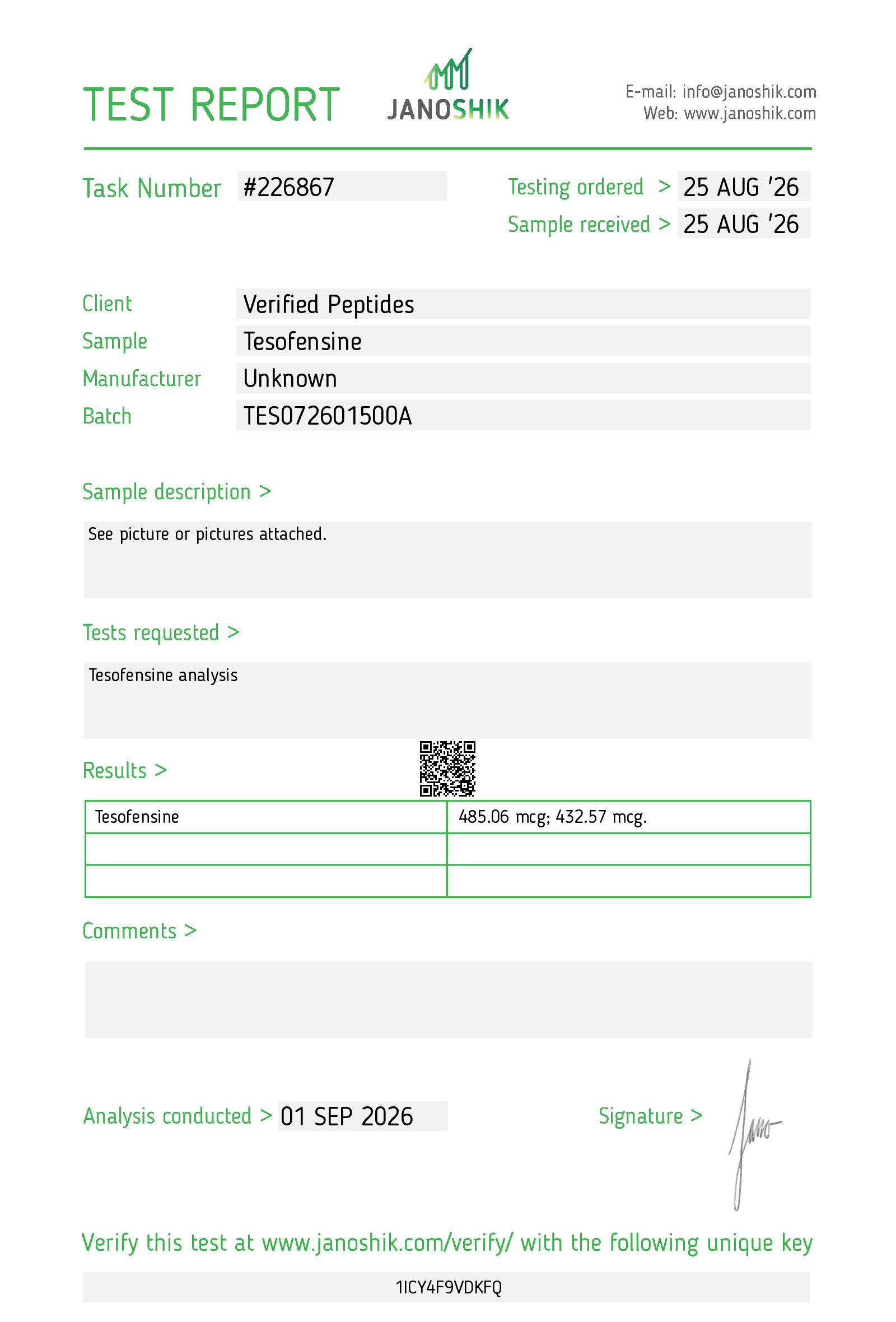 Tesofensine Capsules Certificate of Analysis Lab Test Report September 2026