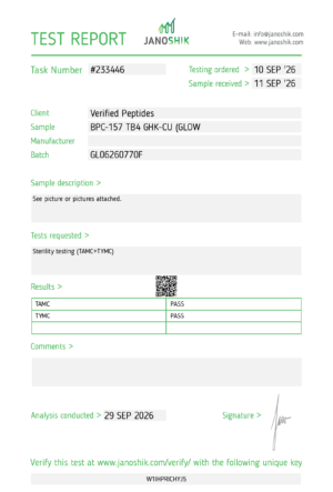 GLOW Peptide Sterility Certificate of Analysis Lab Test Report September 2026