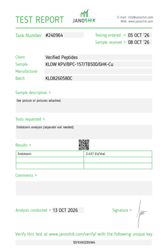 KLOW Endotoxin Certificate of Analysis Lab Test Report September 2026