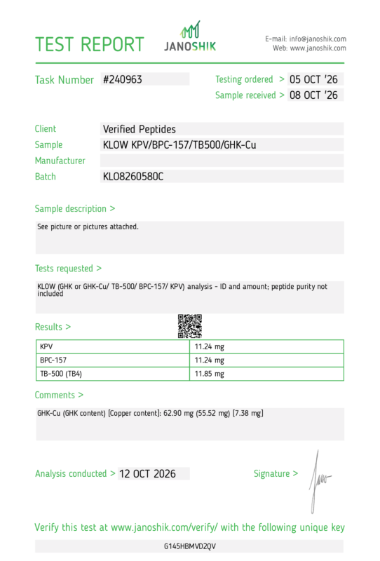 KLOW Peptide Purity Certificate of Analysis Lab Test Report September 2026