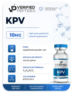 A peptide information sheet for the Verified Peptides 10mg KPV peptide.