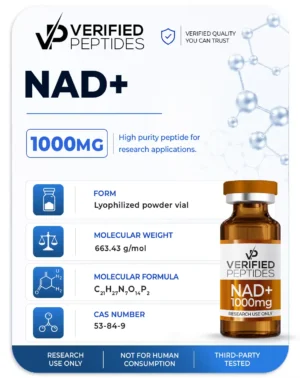A peptide information sheet for the Verified Peptides NAD peptide.