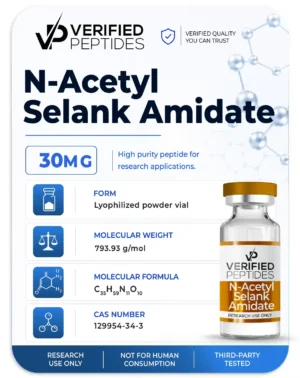 A peptide information sheet for the Verified Peptides 30mg N-Acetyl Selank peptide.