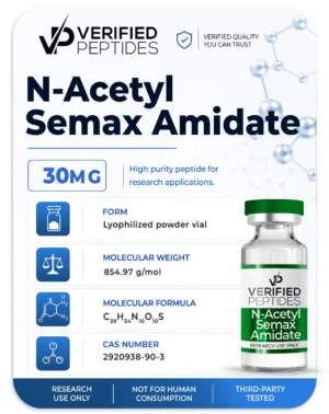 A peptide information sheet for the Verified Peptides 30mg N-Acetyl Semx peptide.