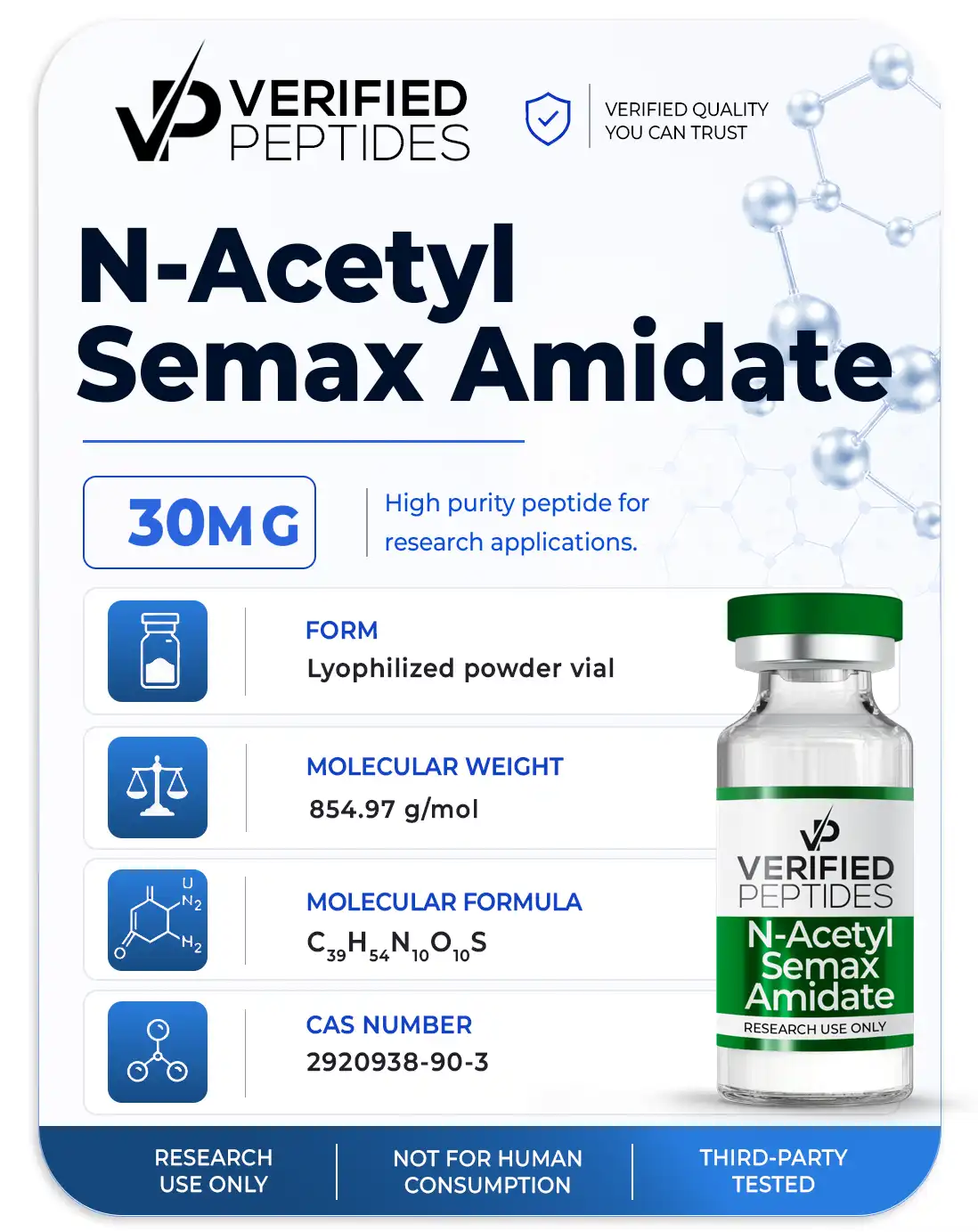 A peptide information sheet for the Verified Peptides 30mg N-Acetyl Semx peptide.