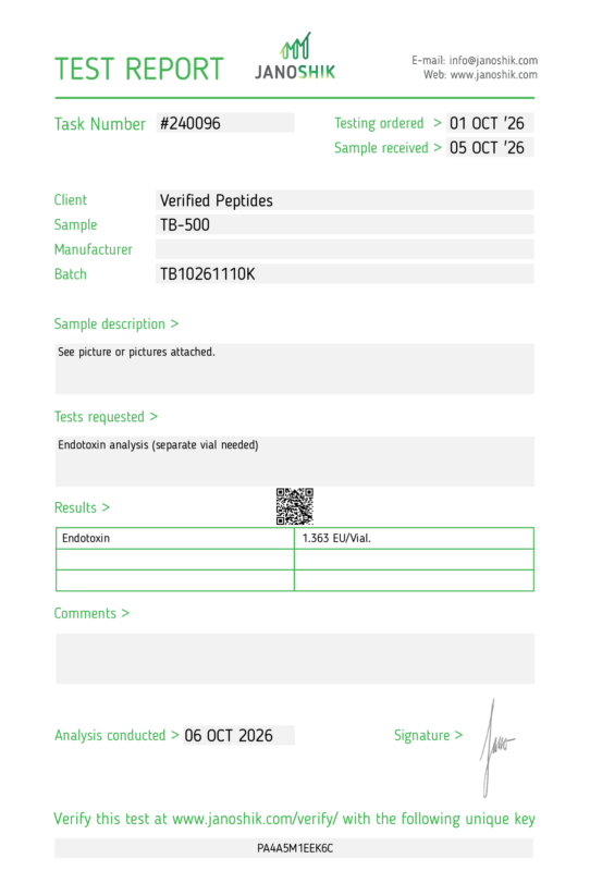 TB-500 Endotoxin Certificate of Analysis Lab Test Report September 2026