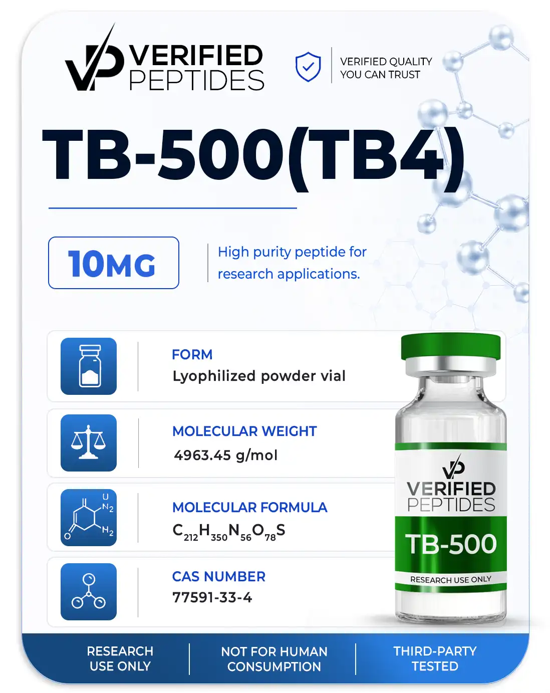 A peptide information sheet for the Verified Peptides TB-500 peptides.