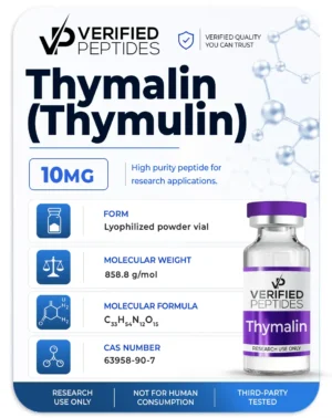 A peptide information sheet for the Verified Peptides 10mg Thymalin (thymulin) peptide.