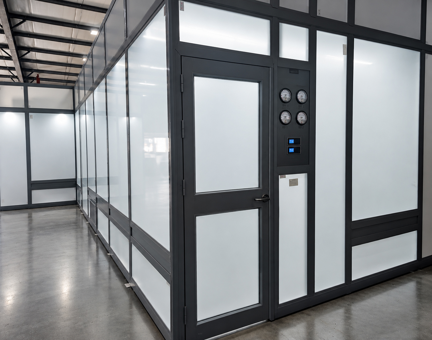 Cleanroom exterior with glazed panels, entry door and pressure gauges