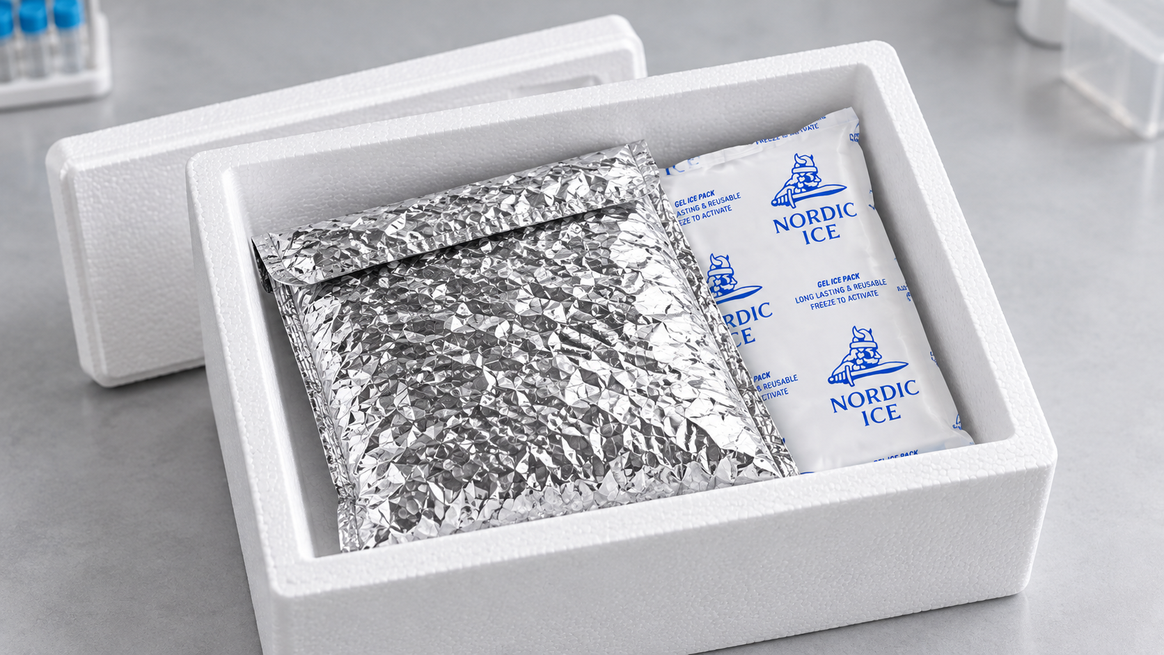 Insulated foam-lined shipping box containing a foil envelope and Nordic Ice gel pack