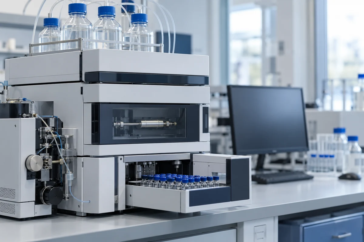 Analytical HPLC system with a column compartment and autosampler holding capped sample vials in a laboratory.