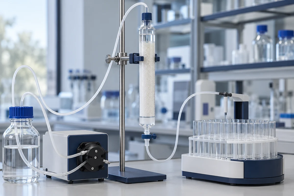 Glass low-pressure chromatography column connected to a peristaltic pump and fraction collector on a laboratory bench.