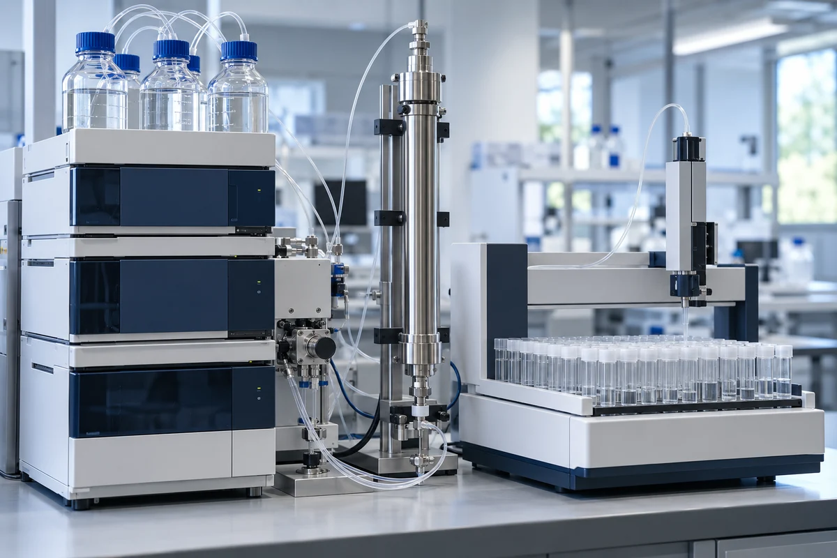 Preparative HPLC system with a column and a rack of collection tubes holding purified peptide fractions.