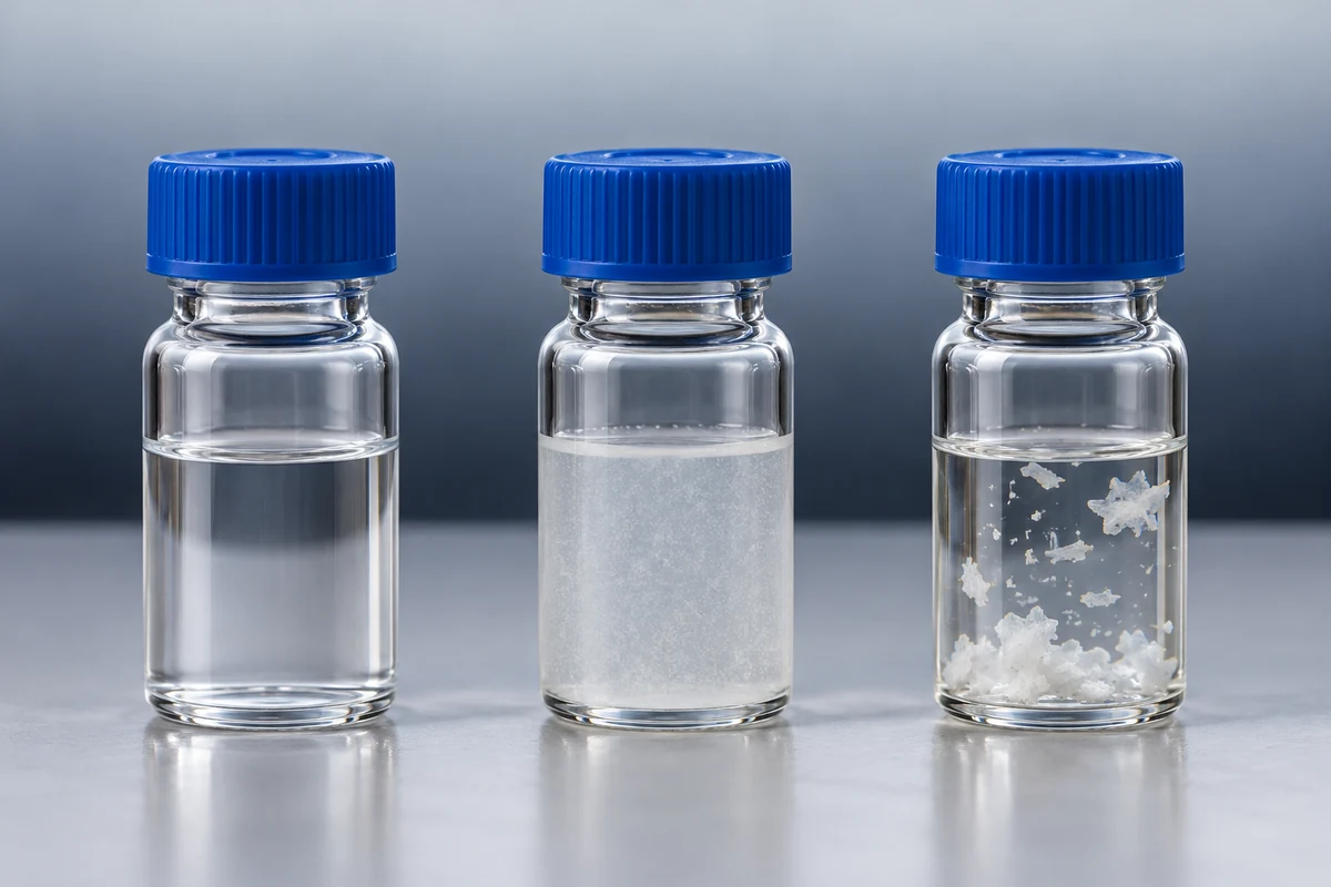 Illustrative side-by-side vials showing clear liquid, fine haze, and visible undissolved flakes.