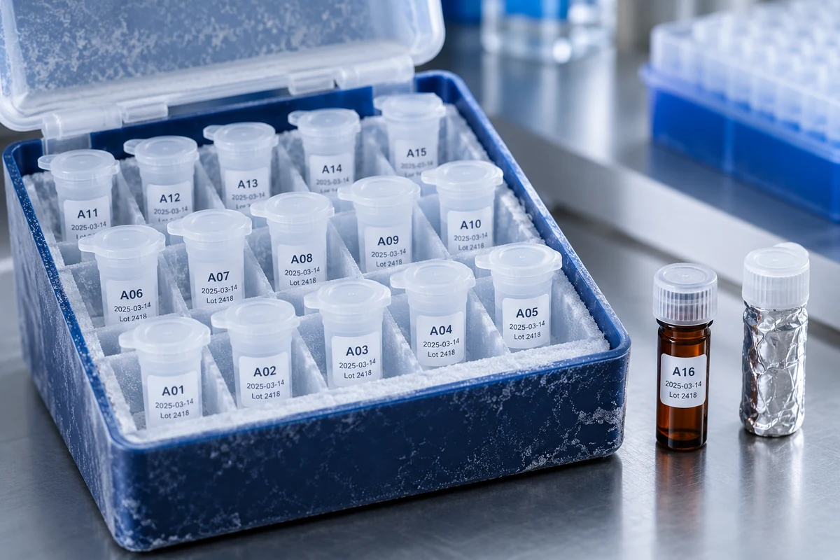 Capped aliquot tubes with sample identifiers, dates, and lot labels in a freezer box beside an amber vial and a foil-wrapped vial.