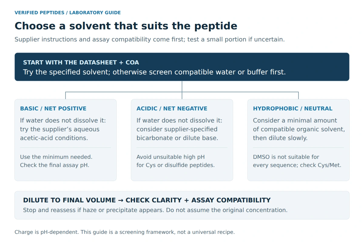 Solvent selection guide: begin with supplier instructions, test compatibility, and use sequence-specific aqueous, acid, base, or co-solvent conditions.