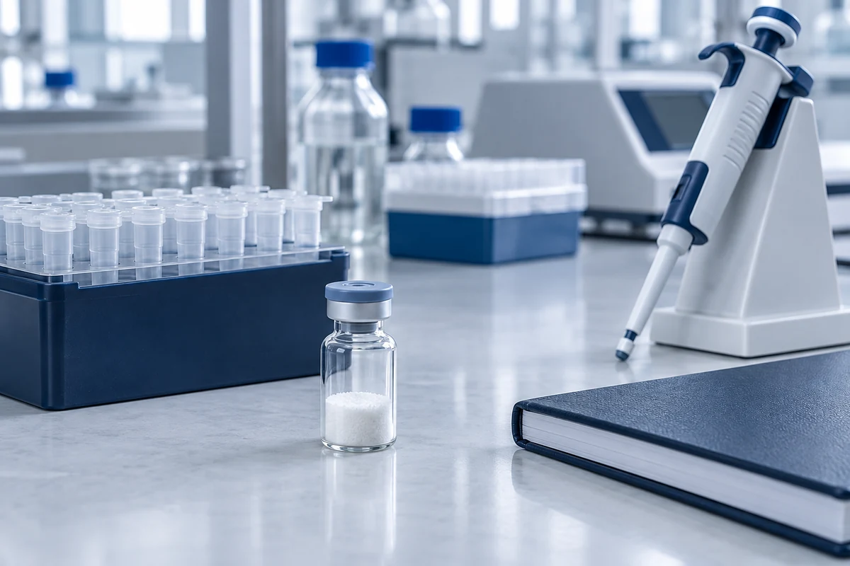 Micropipette, lyophilized powder vial, and sample tubes on a clean laboratory bench.