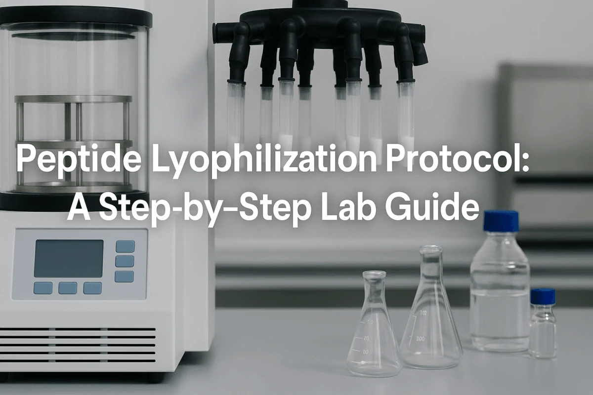 Laboratory freeze-drying equipment with the title Peptide Lyophilization Protocol: A Step-by-Step Lab Guide.