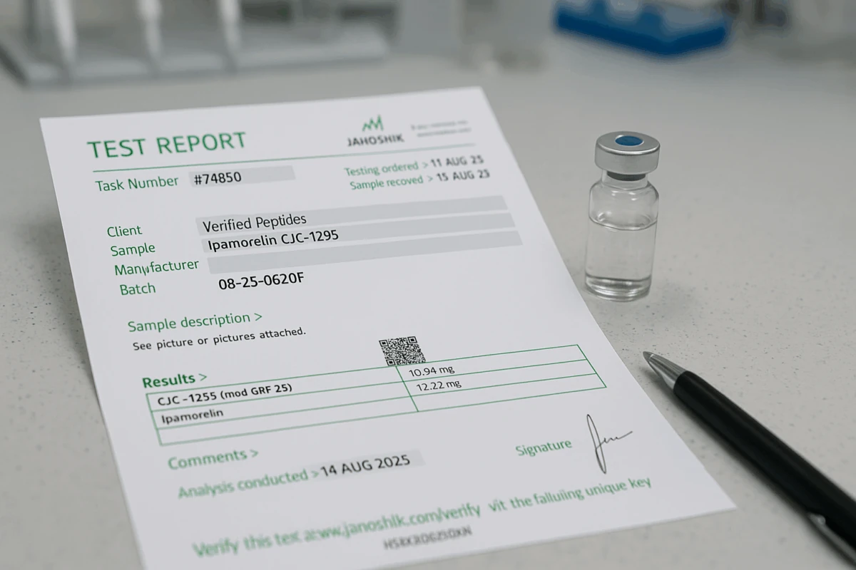 A Verified Peptides third-party lab report showing the batch number, HPLC purity result, and measured peptide weight.